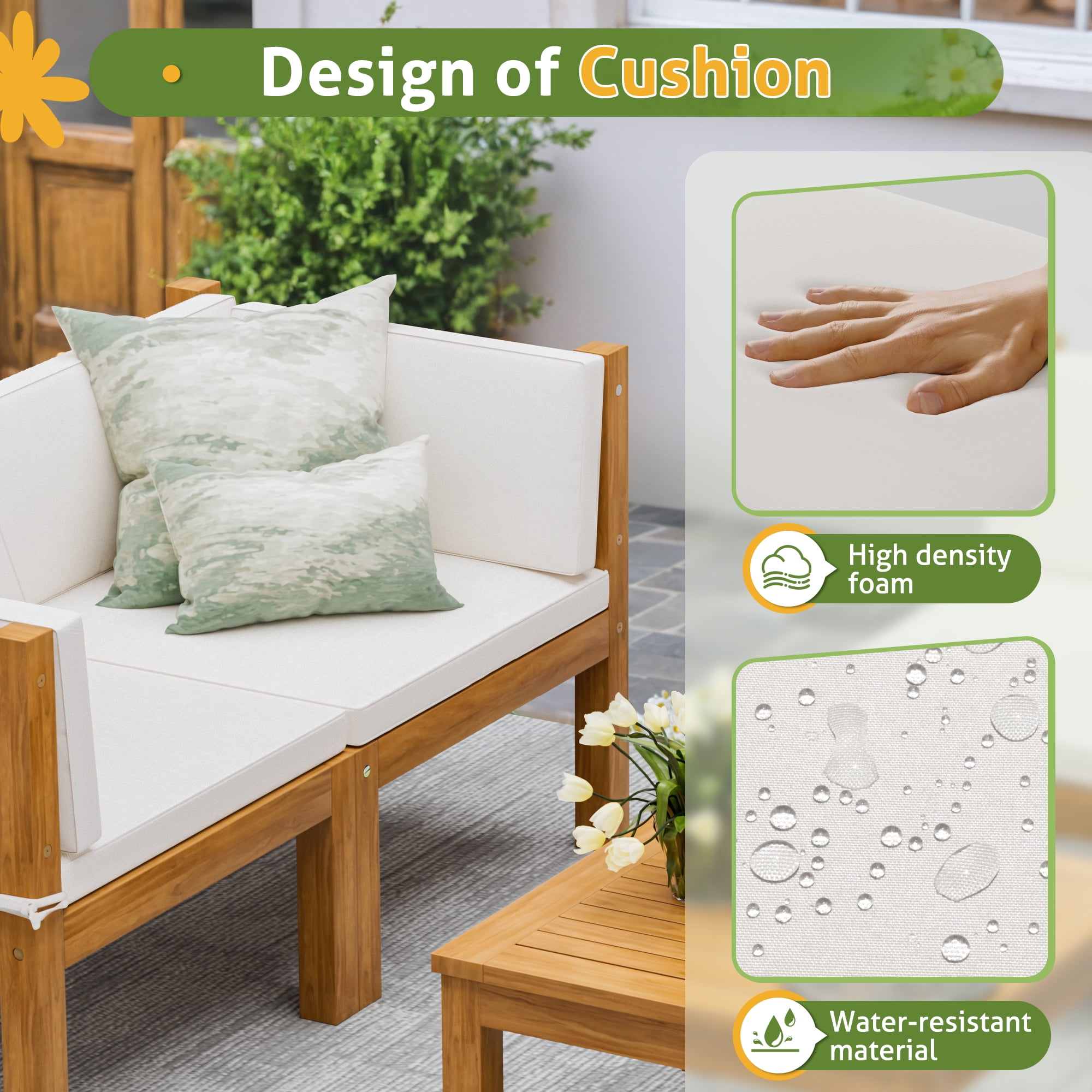 Homall 5 Pieces Acacia Patio Conversation Set Wood Sectional Set Outdoor Furniture Set with Cushions, White