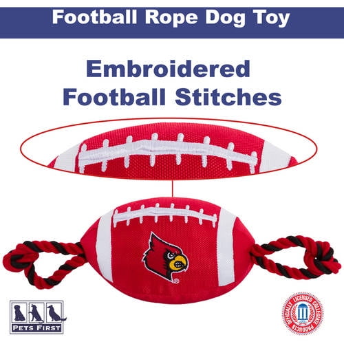 Pets First NCAA Louisville Cardinals Strong, Durable, Chewable Football Dog Toy with Inner Squeaker and Side Ropes, Officialy Licensed