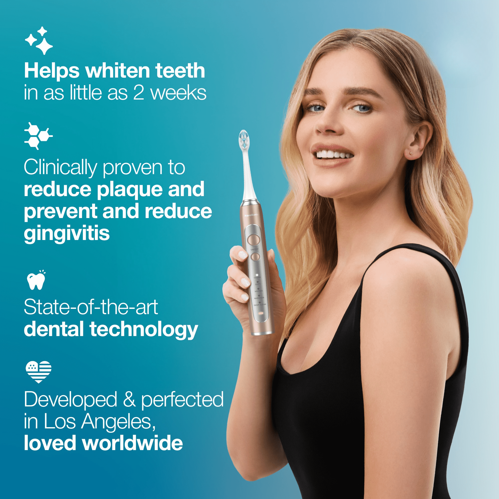 AquaSonic Precision Rechargeable Electric Toothbrush, 5 Modes, 4 Brush Heads, Travel Case, Rose Gold