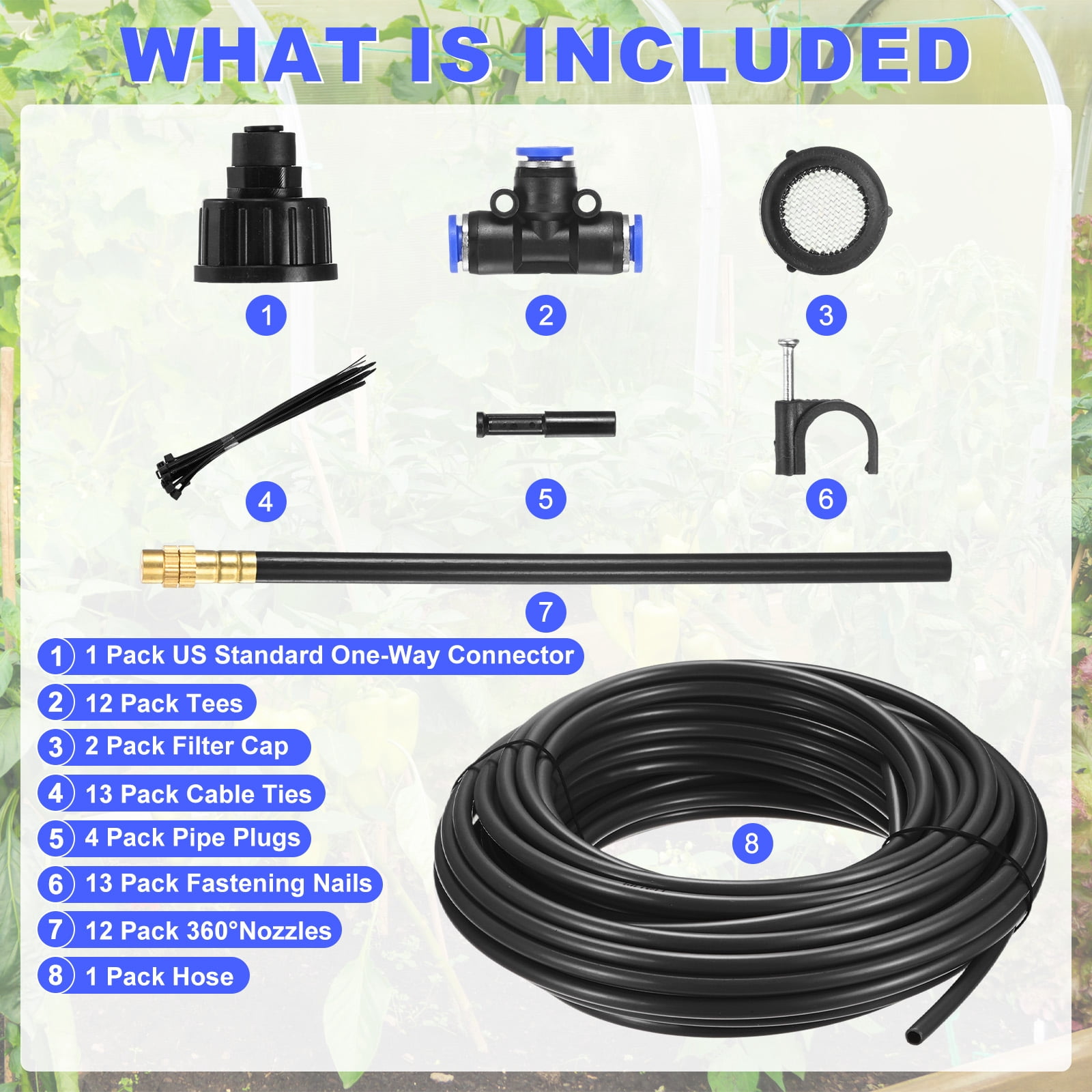 Uxcell 1-Set Drip Irrigation Systems, 50Ft 1/4" Hose Garden Watering Misting System with 12pcs 360° Adjustable Copper Nozzles