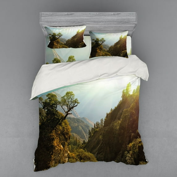 Ambesonne Landscape Bedding Set 4 Pcs, Nepal Forest Majestic, Queen, Green Pale Yellow