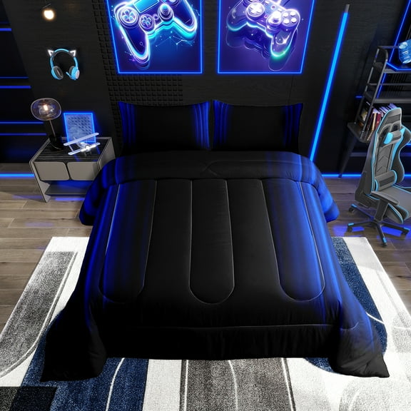 Geometric Abstract Ombre Comforter Set Teens Dark Blue and Black Striped Bedding Bed Set Decor Modern Fashion Comforter Inner Fill Bedroom Collection 2Pcs Twin Size