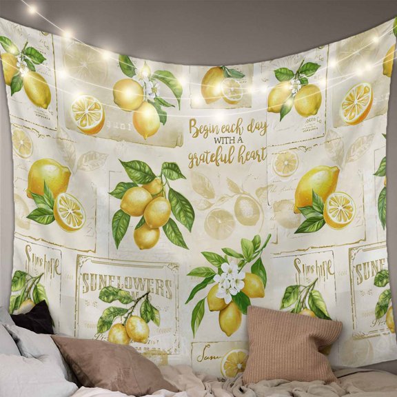 Summer Lemons Tapestry for Bedroom Wall Hanging Tapestry, Retro Farmhouse Botanical Fruit Leaves Ceiling Backdrop Tapestries Poster Blanket Wall Decor for Teens Room Living Room Dorm 59" x 90"