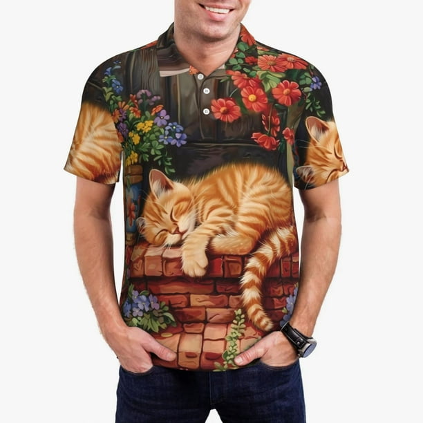 Balery Sleeping Cat Flowers Camisa Polo de Hombre con Estampado, de Manga Corta y Tejido Medio, Camisa Tipo Golf Polo-4X-Large