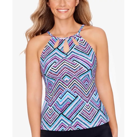 Swim Solutions MULTI Printed High-Neck Cut-Out Tankini Swim Top, US 10
