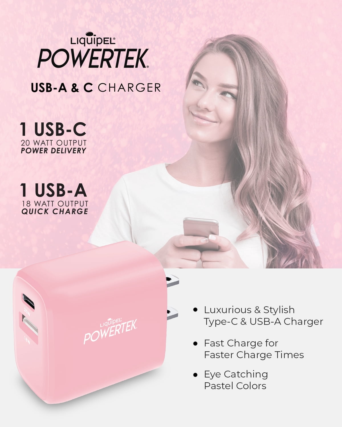 Liquipel Powertek Pastel Type-C Fast Charging Wall Charger 20W PD USB-C with Foldable Plug, for iPhone, iPad, iWatch, Galaxy, Tablet
