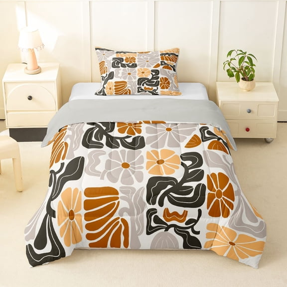 Homewish Gray Brown Boho Twin Comforter Sets,Vintage Daisy Floral Bedding Set,Light Gray Reversible,2 Pieces,1 Comforter and 1 Pillowcase