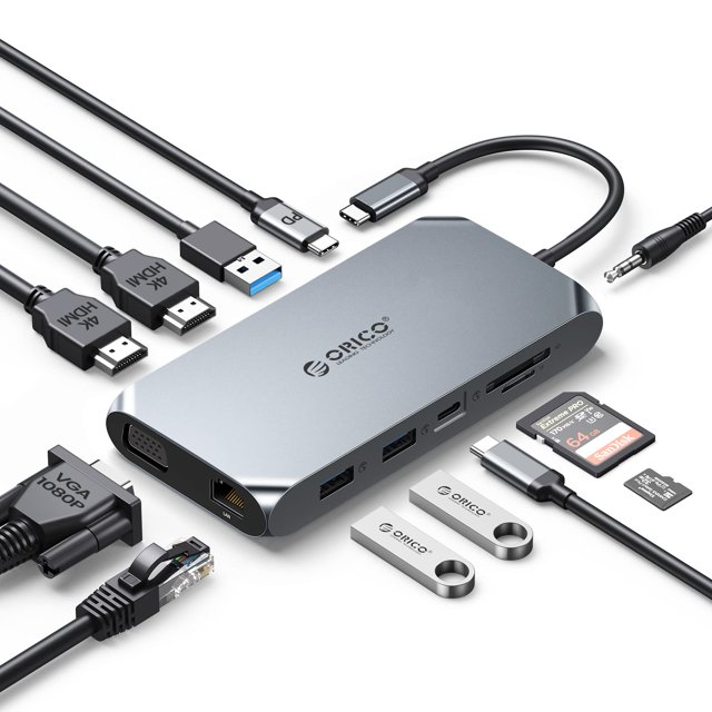 Adaptador Docking Station ORICO USB C a HDMI dual 12 en 1 gris