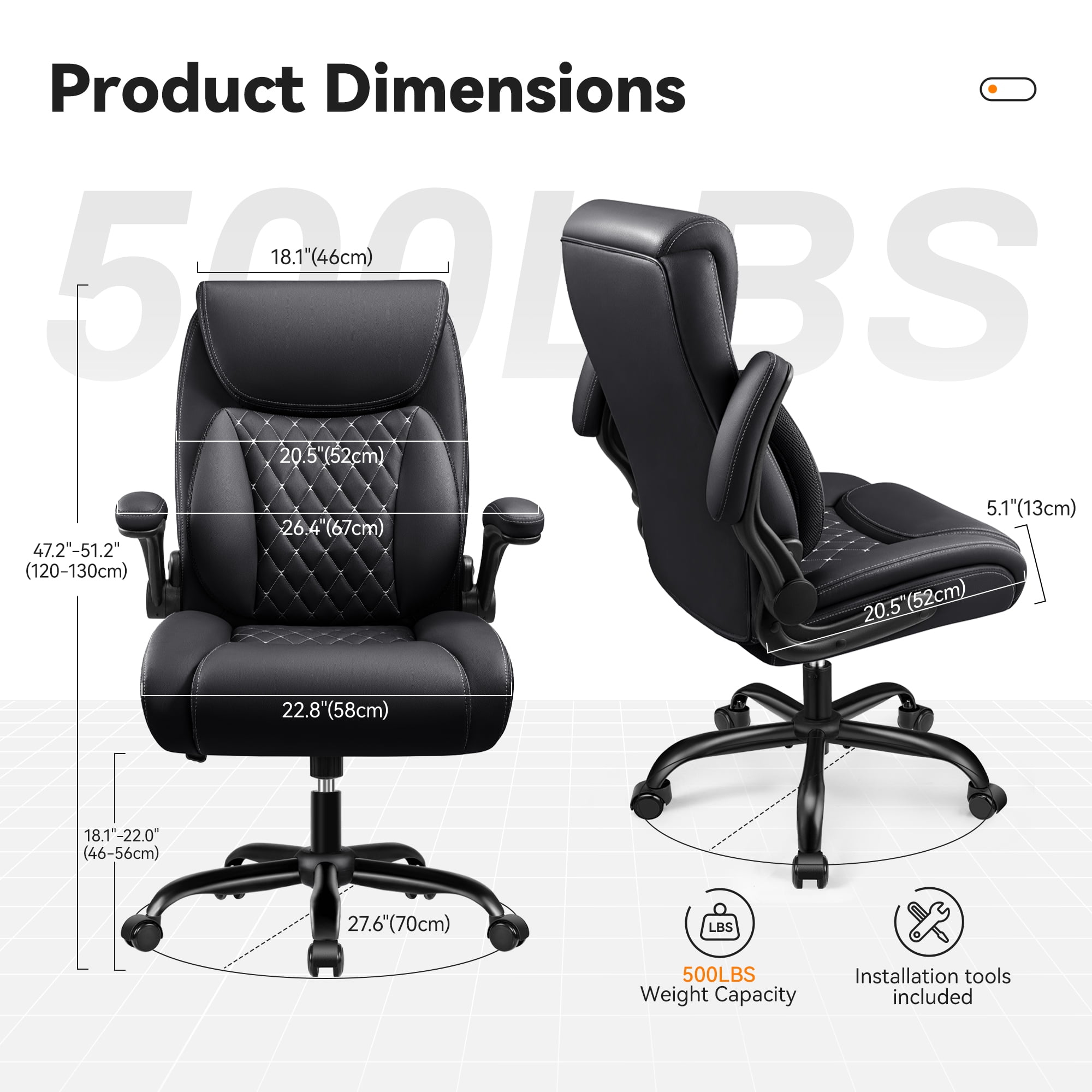 COOLHUT Big and Tall Office Chair 500LBS Wide Seat Ergonomic Computer Desk Chair, High Back Executive PU Leather Chair, Adjustable Armrest and Lumbar Back Support Office Chair, Black