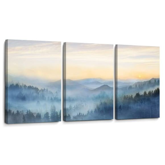 Wall Decor for Bedroom 3 Panel Sunrise Misty Forest Print Picture Paintings Wall Art for Living Room Bathroom Framed Canvas Artwork Modern Room Wall Decorations Size 12x16 x 3 Piece Ready to Hang