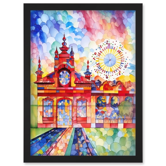 Gaudi Inspired Rural Train Station Folk Art Artwork Framed Wall Art Print A4