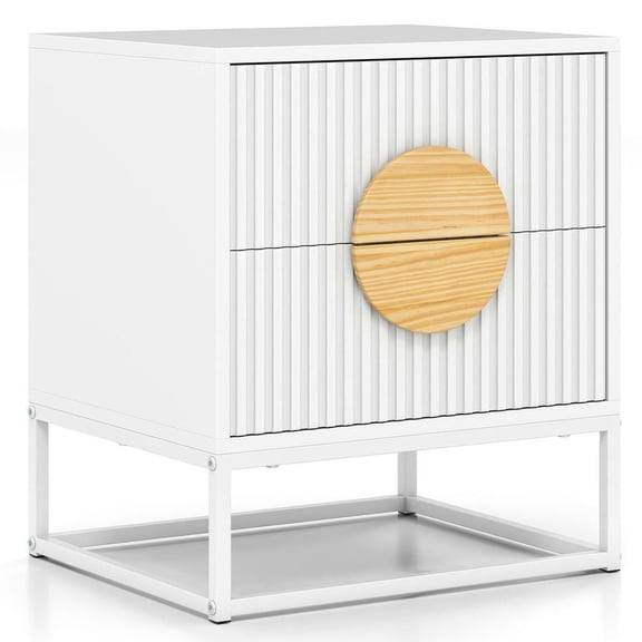 Resenkos Mid-Century Fluted Nightstand - 2 Drawers   Pine Wood Handles, Elegant Must-Have Bedroom Essential Side Table with Chic Design, White