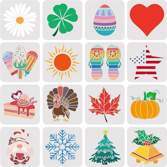 16Pcs Seasonal Icons Stencil Template 7.9x7.9 inch Reusable Template for DIY