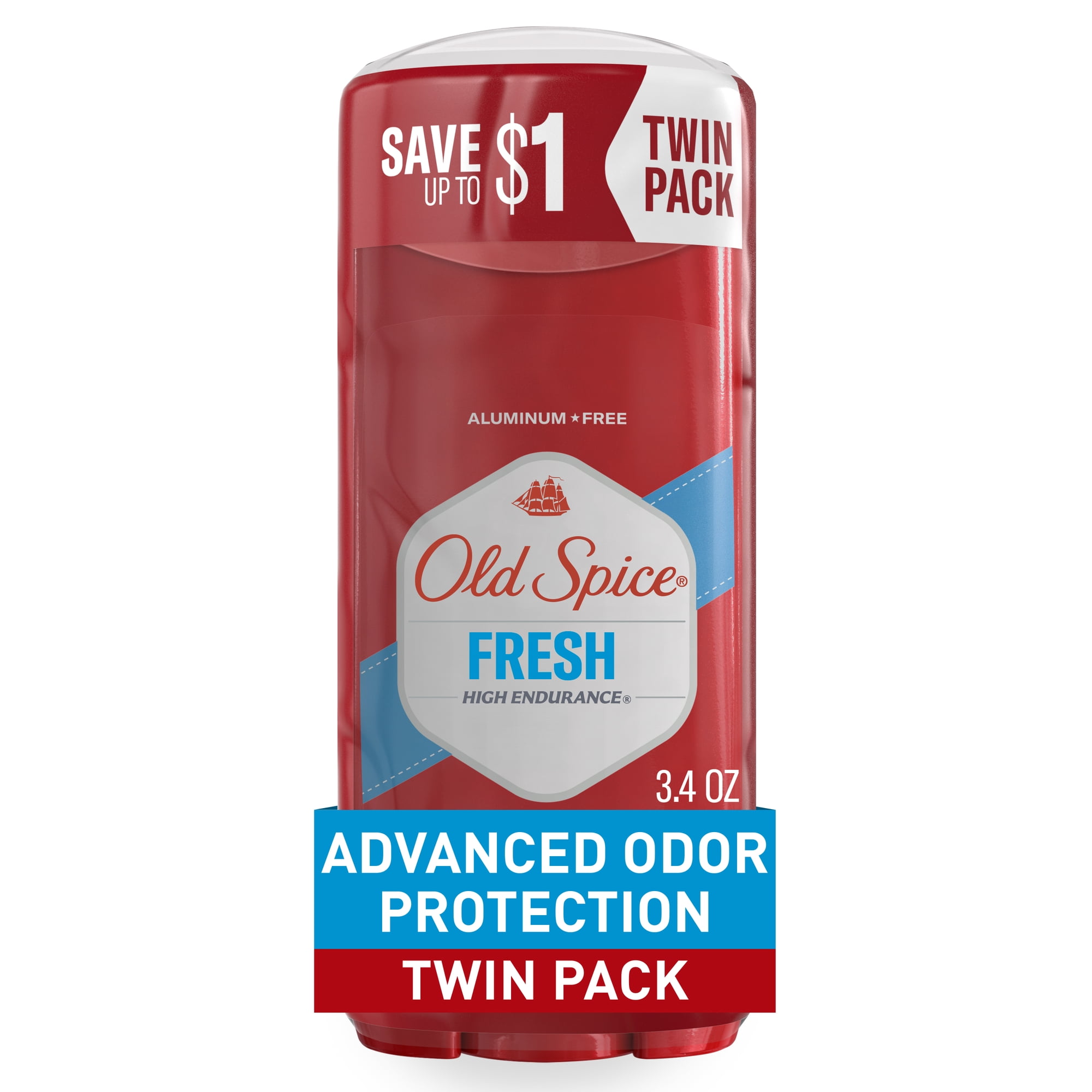 Old Spice Aluminum Free Men's Deodorant, Invisible Solid Stick, High Endurance Fresh, 3.4 oz, 2 Pack