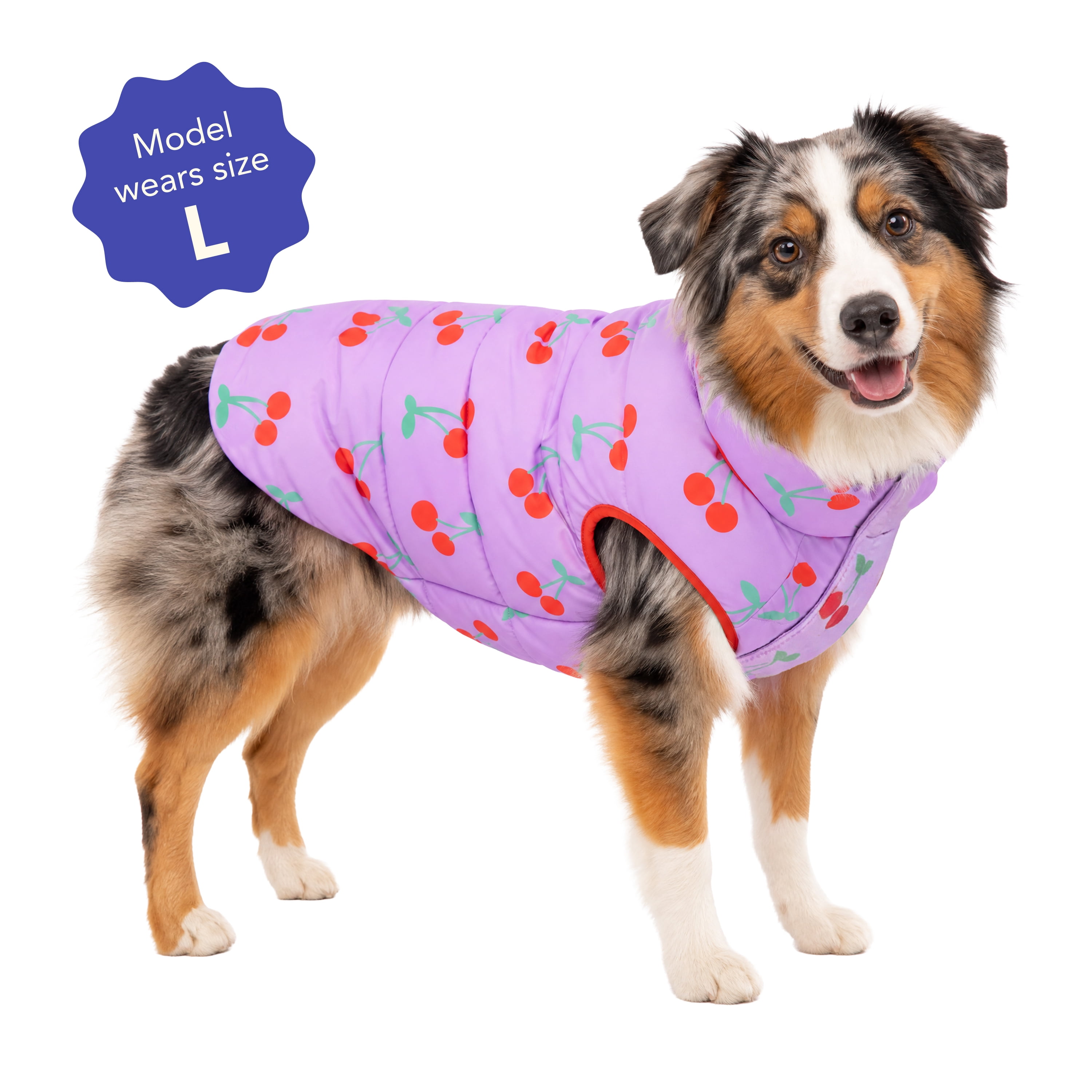 Oodles Cherry Print Quilted Puffer Fall Dog Jacket, Purple, Large