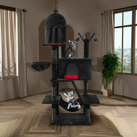 Pefilos 67" Gothic Cat Tree Tower with Scratching Post and Cat Condo, Cat Tree House with Hammock, for Small Medium Cats, Black