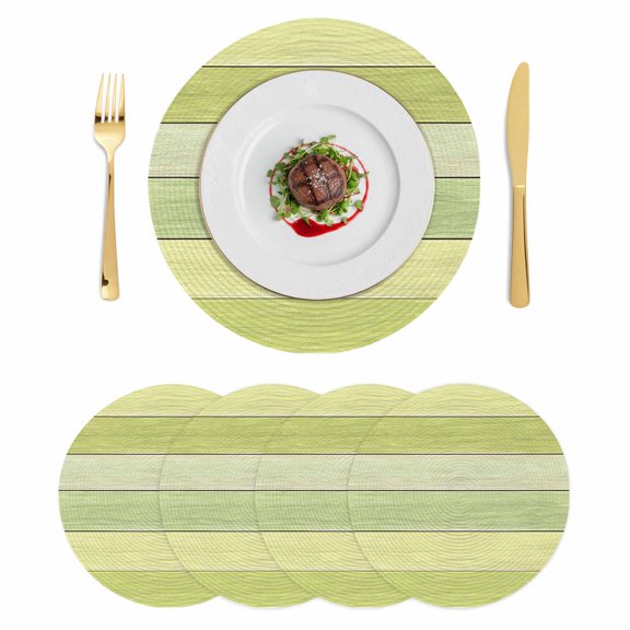 Green Wooden Grain Round 15 Inch Placemats Set of 4, Vintage Chic Geometric Gradient HeatResistant Non Slip Place Mats for Dining Table, Wipeable Braided Kitchen Table Mats for Housewarming