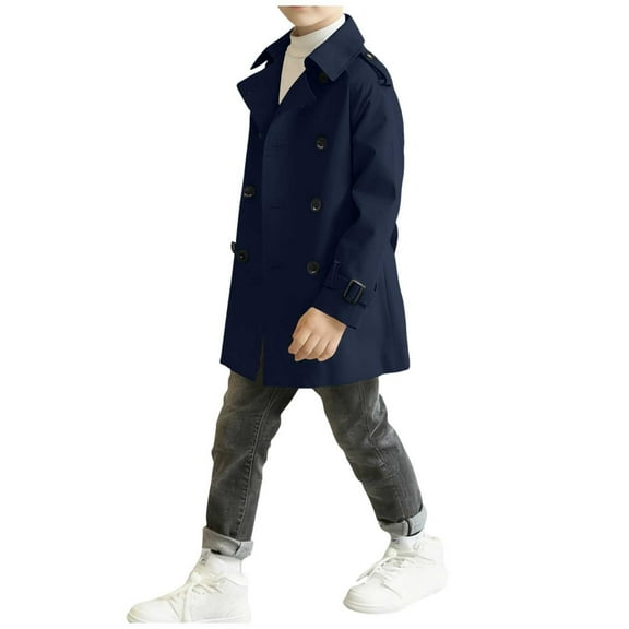 Boys Trench Coat with Belt Double Breasted Notch Collar Fall Casual Dress Mid Length Jacket Peacoat 5-15 Years (14 Years, Navy)