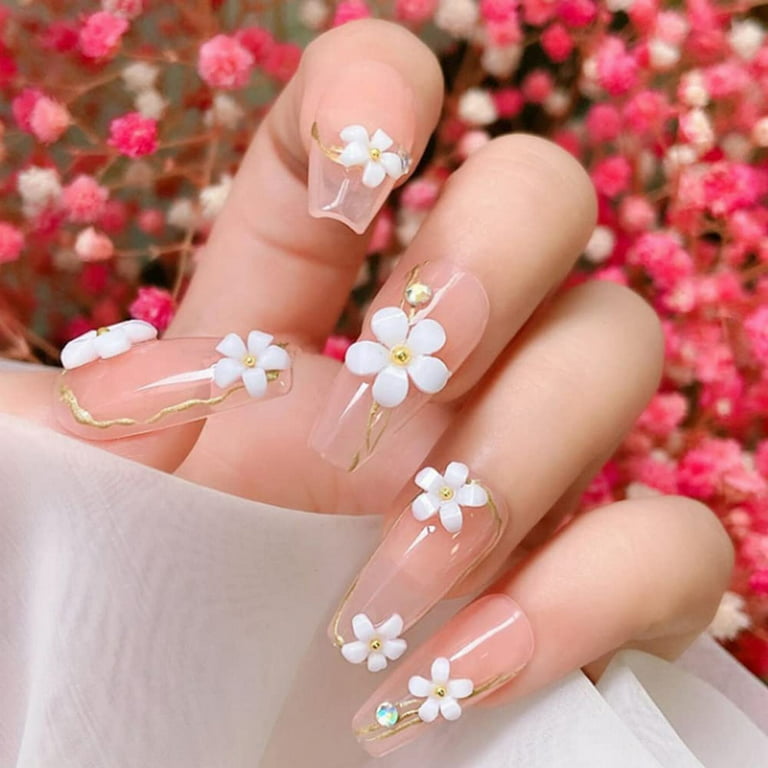 WNG 3D Flower Nail Charms for Acrylic Nail 6 Grids 3D Nail Flowers  Rhinestone White Pink Blue Cherry Acrylic Nail Art Supplies with Pearls  Manicure DIY Nail Decorations 