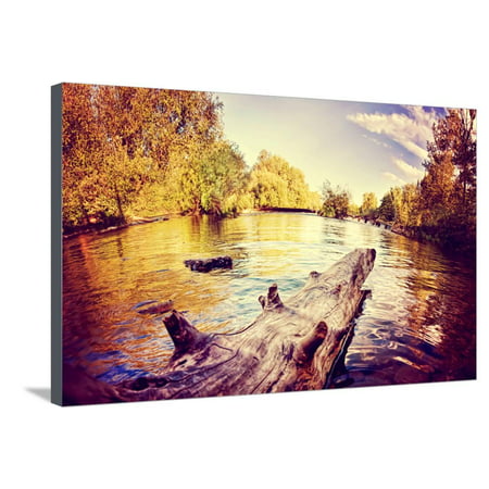 A River Flowing in Autumn Long Exposure Done with a Retro Vintage Instagram Filter Effect Stretched Canvas Print Wall Art By