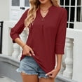 thumbnail image 2 of RYRJJ Womens Tops Dressy Casual 3/4 Length Sleeve V Neck Eyelet Shirt Work Blouses Summer Trendy Loose Tunic Tees(Wine,L), 2 of 6