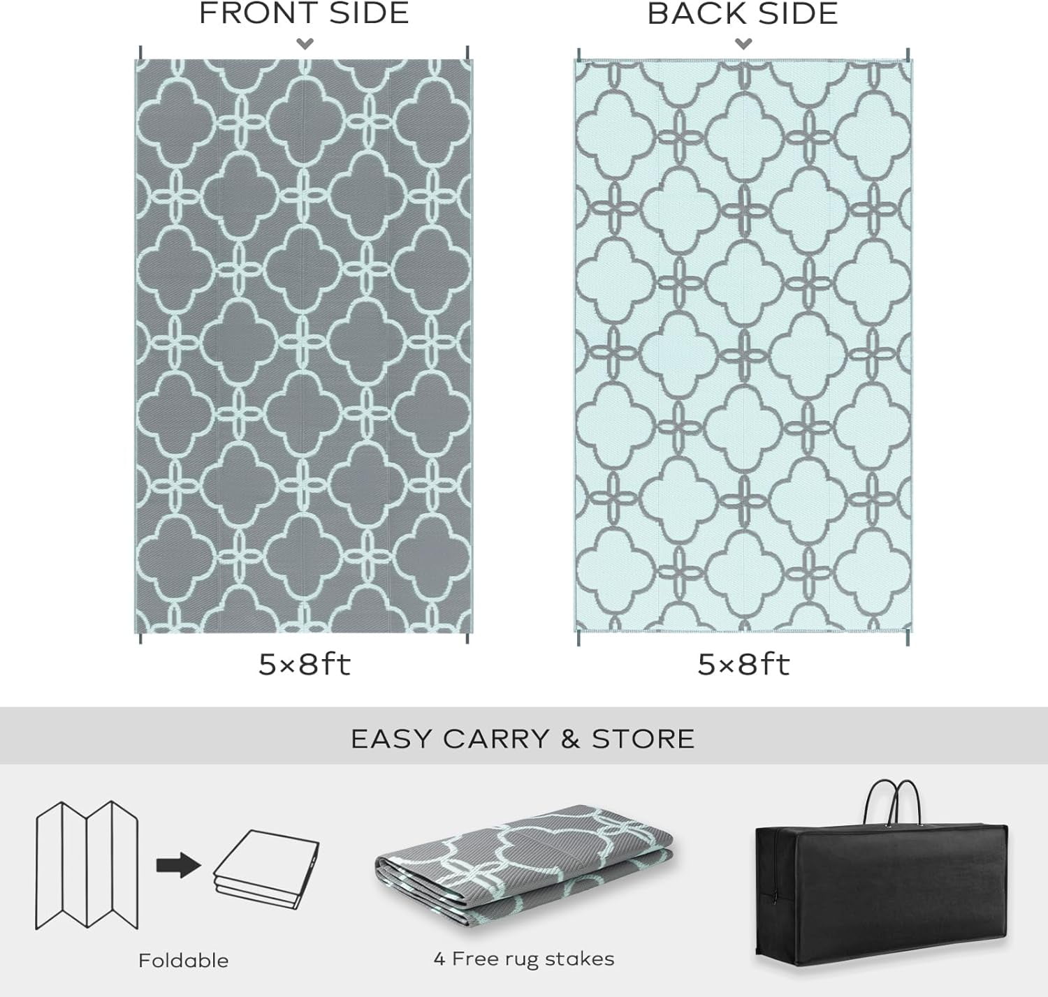 Waterproof Outdoor Patio Rug - Reversible Plastic Straw Camping Mat with Carrying Bag - Ideal for RV, Picnic, Backyard, Indoor Use - Durable & Easy-Clean Design, 5 x 8 ft, Light Blue, 1 Pack