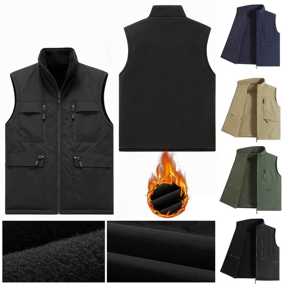 RYDCOT Men's Reversible Casual Waterproof Cargo Vest Flannel Fleece Lined Outdoor Work Sai Fishing Travel Vest Jacket Khaki