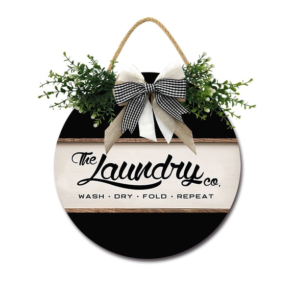 The Laundry Co Door Sign Home Decor Round Wood Wreaths Wall Hanging Sign Farmhouse Porch Sign Front Door Decoration for Housewarming Gift All Seasons Holiday,11In