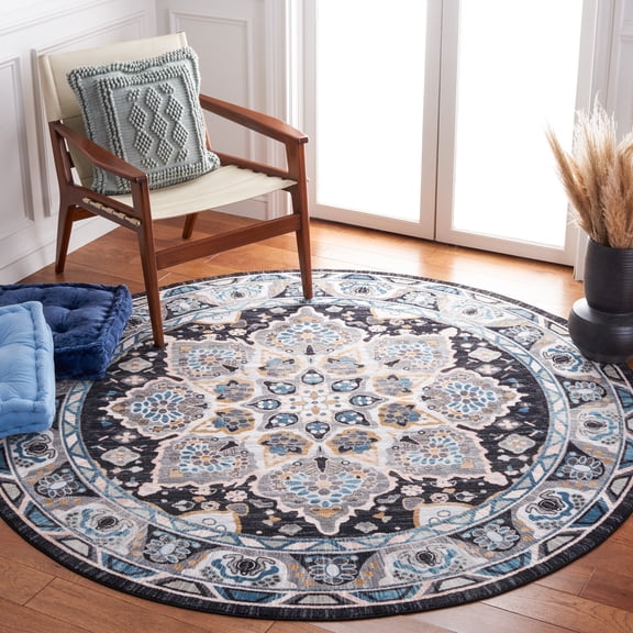 Safavieh Riviera Ulysses Medallion Polyester Machine Washable Area Rug, Gray/Light Blue, 6'7" x 6'7" Round