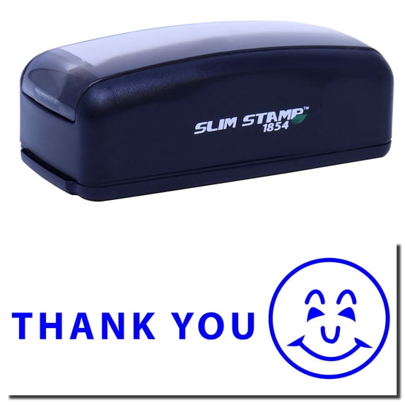 Large Pre-Inked Thank You with Smiley Stamp, Slim 1854, Ultra Slim Design, Impression Size 1-13/16" by 2-1/2", Up to 25,000 Impressions - Blue Ink