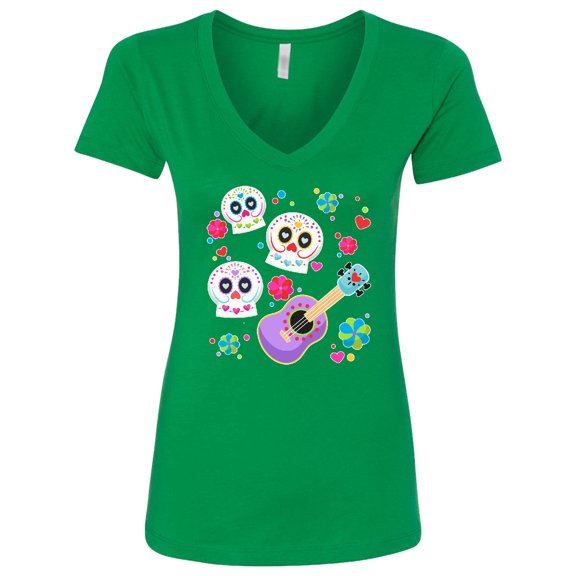 Inktastic Day of the Dead Owl Sugar Skulls and Guitar Women's V-Neck T-Shirt