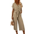 thumbnail image 4 of KOMOO Women Cropped Jumpsuit Button Closure Waist Tie Romper V-neck Pockets Chiffon Jumpsuits, 4 of 5