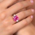thumbnail image 4 of Gem Stone King 925 Silver and 10K Yellow Gold Pink Created Sapphire Moissanite and Diamond 3 Stone Ring for Women (7.56 Cttw, Gemstone September Birthstone, Emerald Cut 12X10MM, Size 8), 4 of 6