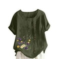 thumbnail image 3 of QIUOMBBP Womens Floral Print Linen Shirts Short Sleeve Plus Size Crew Neck Tops Loose Lightweight Summer Casual Tees Army Green S, 3 of 6
