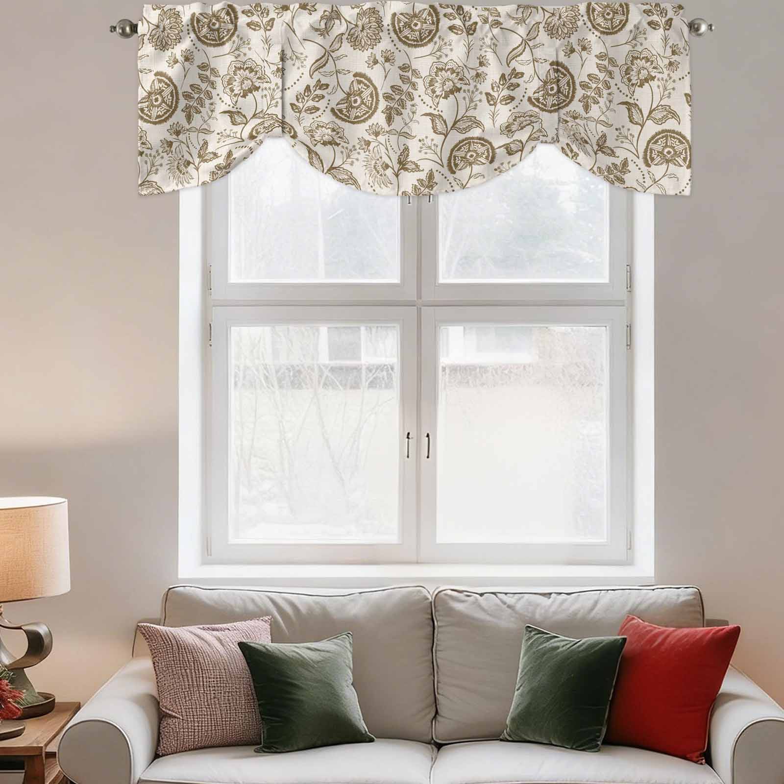 Farmhouse Brown Floral Tie Up Valances Curtain, Linen Boho Flower Rustic Country Adjustable Rod Pocket Short Window Treatment Tie Up Curtains Valances for Kitchen Living Room Bathroom 54x18 Inches