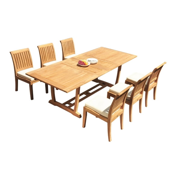 Grade-A Teak Dining Set: 6 Seater 7 Pc: 94" Double Extension Mas Rectangle Trestle Leg Table And 6 Lagos Armless Chairs WholesaleTeak #WMLG28