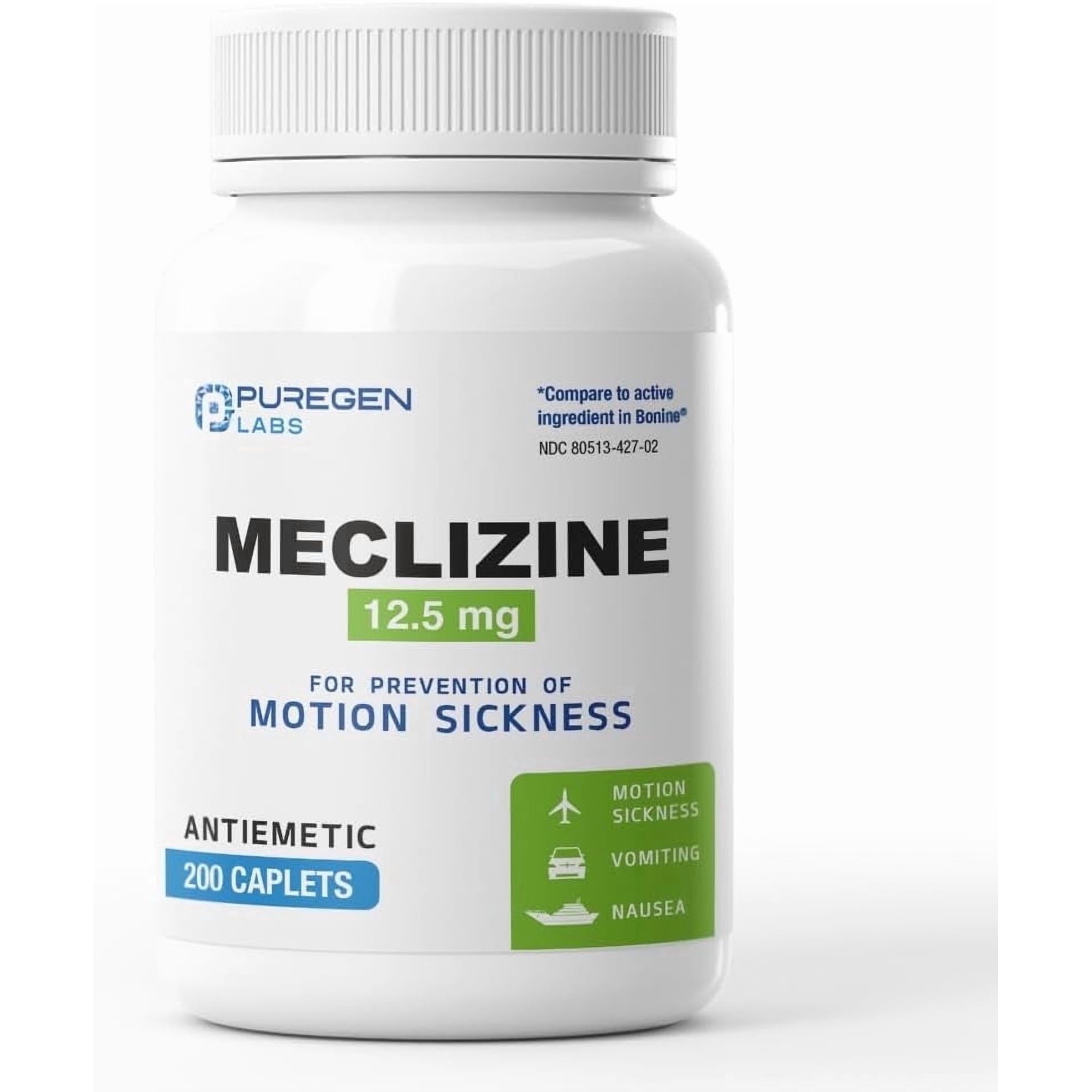 Puregen Labs Meclizine HCl 12.5 mg Chewable Tablets, Motion Sickness Relief, 200 Count