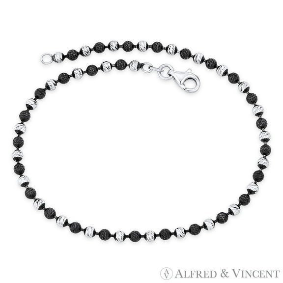 3mm Catena Ball Bead Link Italian Chain Anklet in 2-Tone .925 Sterling Silver w/ Black Rhodium
