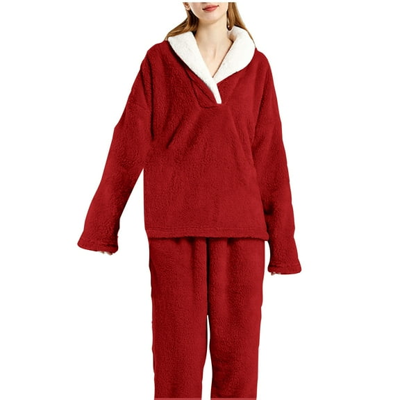 TEAJOPSUU Plush Pajamas Set for Women Winter Warm V Neck Sleepwear Fleece Long Sleeve Pants Pajamas Set Winter Warm Loungewear Red