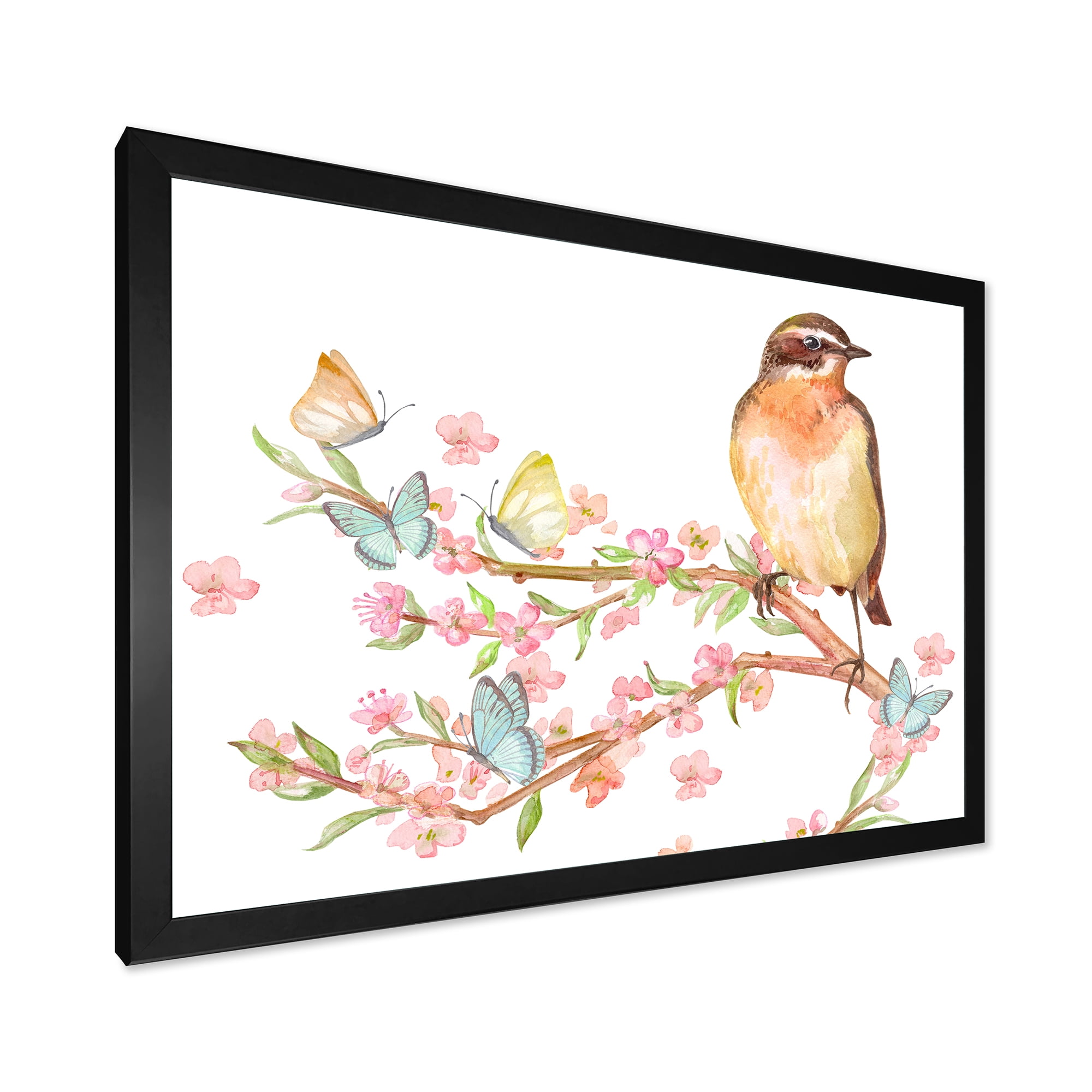 Designart 'Lovely Bird Sitting On Branch of Sakura With Butterflies' Traditional Framed Art Print