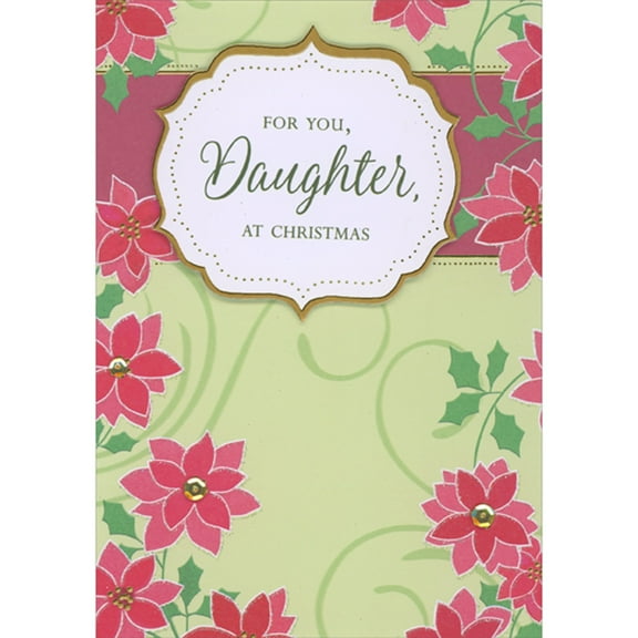 Designer Greetings Gold Edged 3D Banner, Gold Sequins, Red Poinsettias and Swirls on Light Green Hand Decorated Christmas Card for Daughter