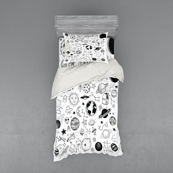 Ambesonne Cartoon Bedding Set 3 Pcs, Planets Asteroids Cosmos, Twin, White Black