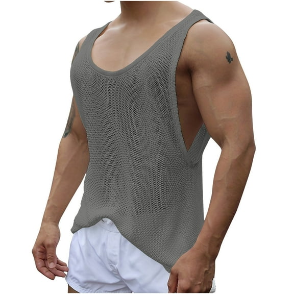 Tank Tops For Men Qiggri Men's Fashion Hollow Out Casual Solid Color Sleeveless Knit Round Neck Collar Tank Top