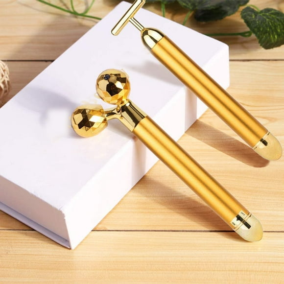 Golden 3D Face Massager Roller - Electric Sonic Energy Roller and T-Shaped Facial Massager for Anti-Aging and Wrinkle Reduction