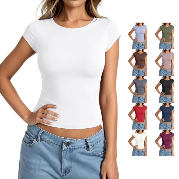 Gunia Womens Cap Sleeve T-Shirts Elegant Casual Crew Neck Tee Soft Short Sleeve Tops Tshirt Women White L