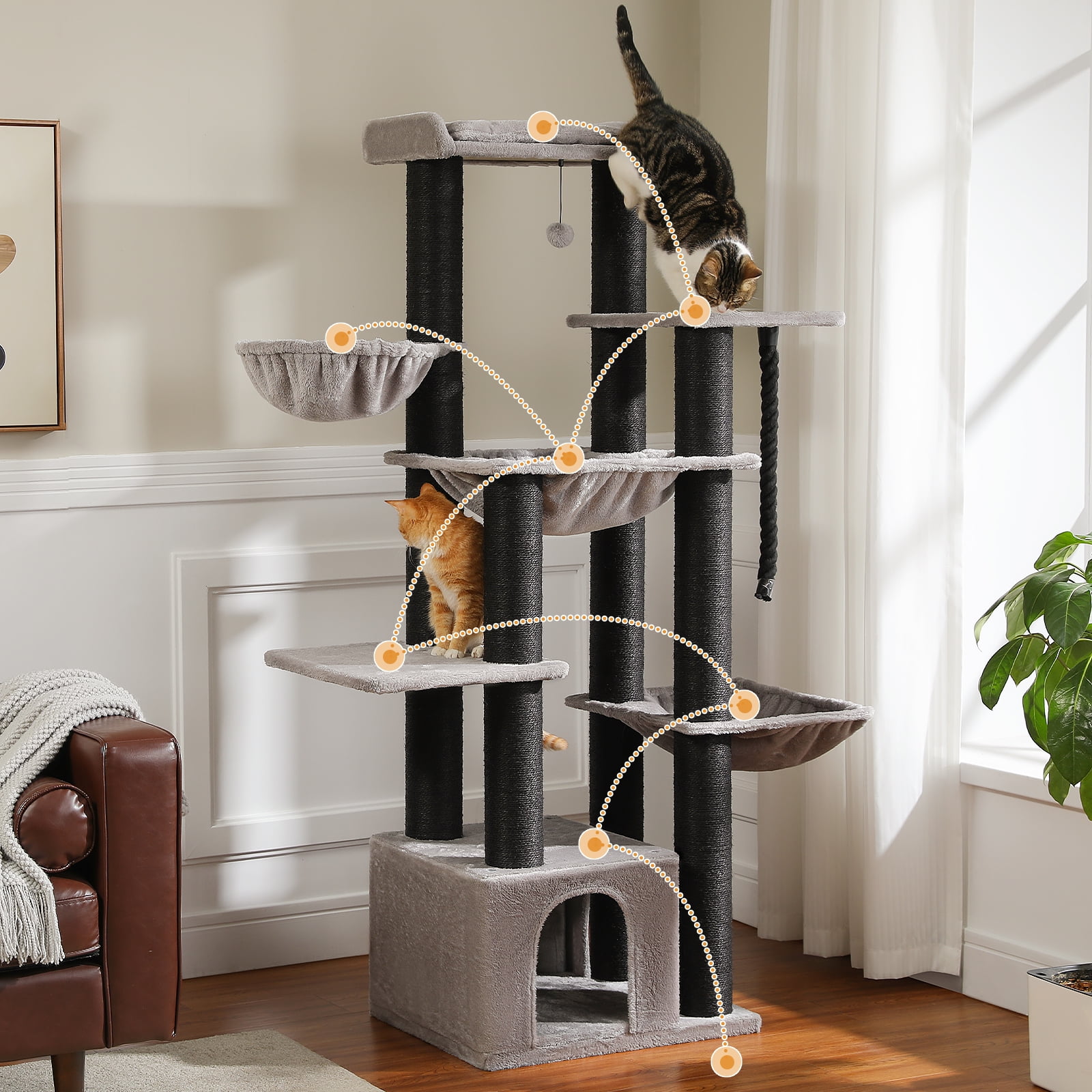 Pefilos 50" Heavy-Duty Cat Tree Tower with Extra-Thick Scratching Posts (φ4.3), Condo, 2-Layer Baseboard for Big Cats up to 16 lbs, Black