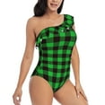 thumbnail image 3 of Gaeub Buffalo Plaid Green Black Women's One Shoulder Ruffle Tummy Control Swimwear for Swimming Surfing Beach Party - Large, 3 of 8