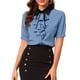 thumbnail image 1 of Camisa de trabajo de mujer con cuello contrastante, lazo y volantes en la parte delantera, botones y mangas cortas L azul polvo, 1 of 6