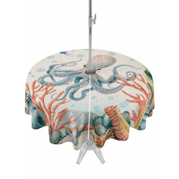 Outdoor Tablecloths with Umbrella Hole & Zipper, Octopus Coastal Round Tablecloth 54 Inch, Summer Nautical Starfish Coral Beige Waterproof Table Cloth, Patio/Pool/Picnic Table Covers