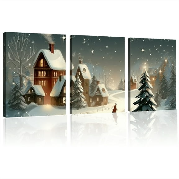 Framed 3pcs canvas print wall art whimsical Christmas village scene with snow covered trees Modern Home Decor 12*16inch*3pcs